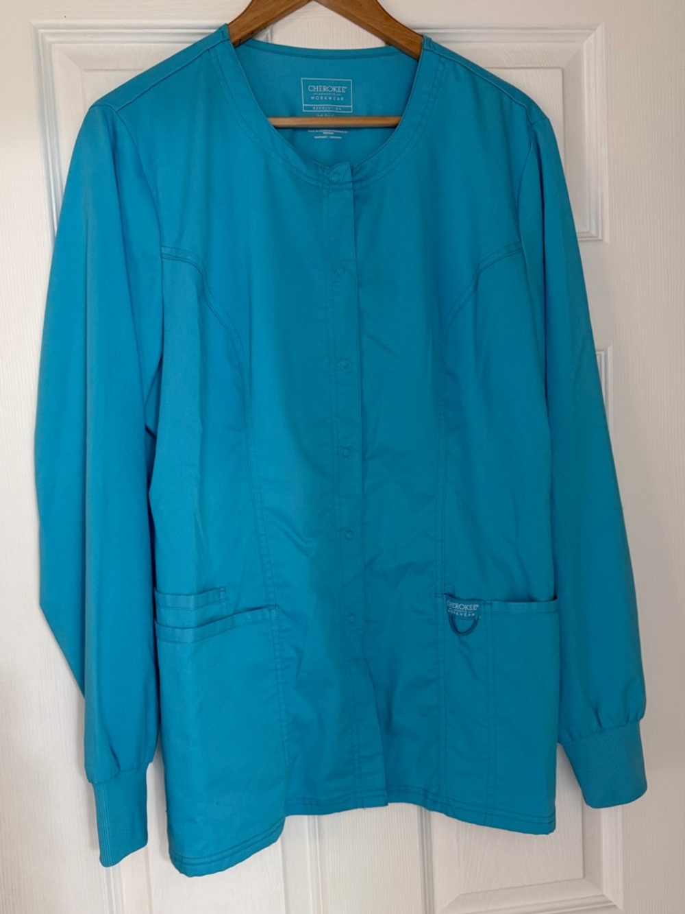 Cherokee Teal Scrub/Workwear Button Up Jacket with Front Pockets-Women's Large